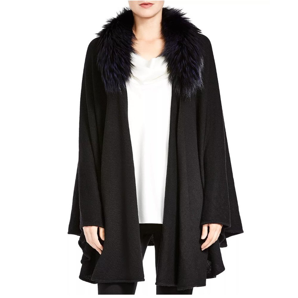 HALSTON HERITAGE Cape sleeve Cardigan Sweater Detachable Fur Collar blac…